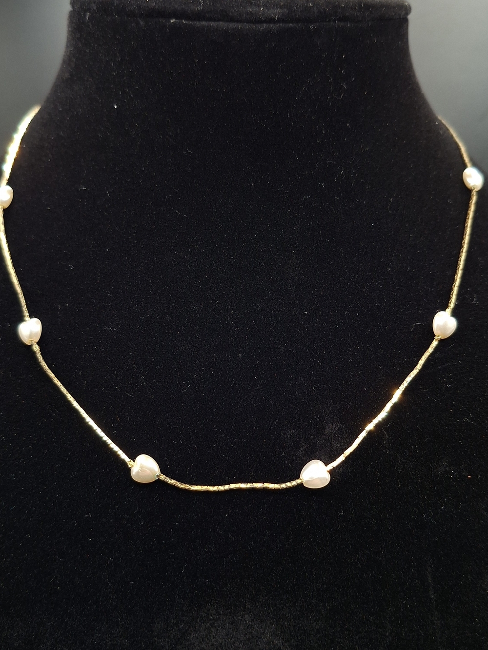 Gold Tone Faux Pearl Heart Station Necklace - Women Jewelry